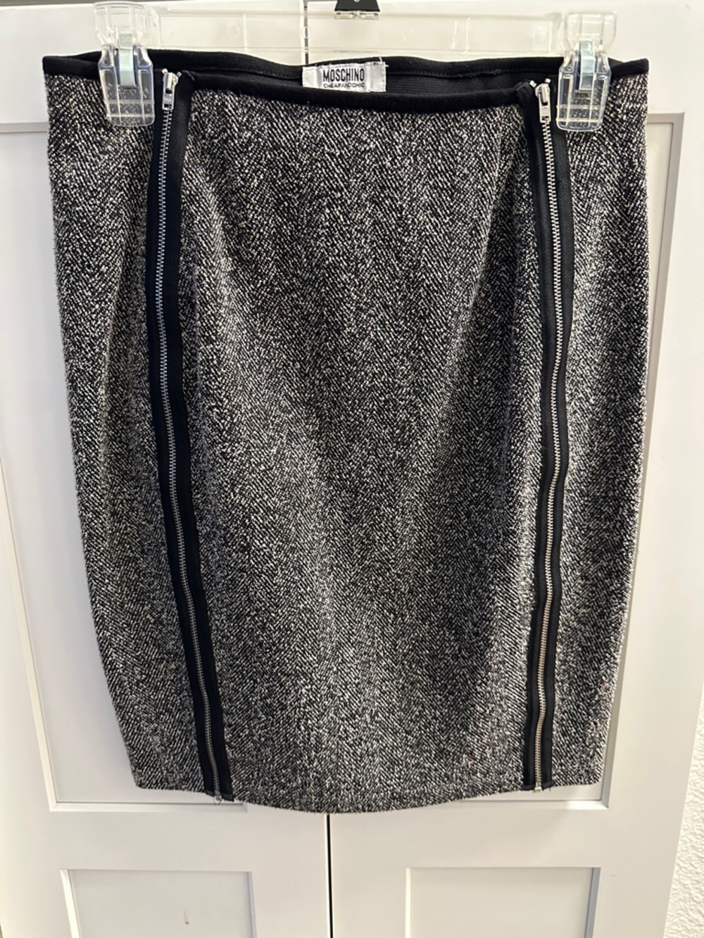 Moschino Black and White Tweed Pencil Skirt with Zip Detail
